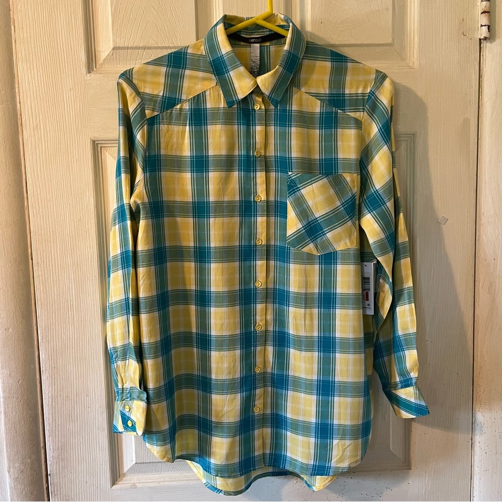 Women’s Kensie Plaid Button Down Shirt in Yellow and Green Long Sleeve Size XS.